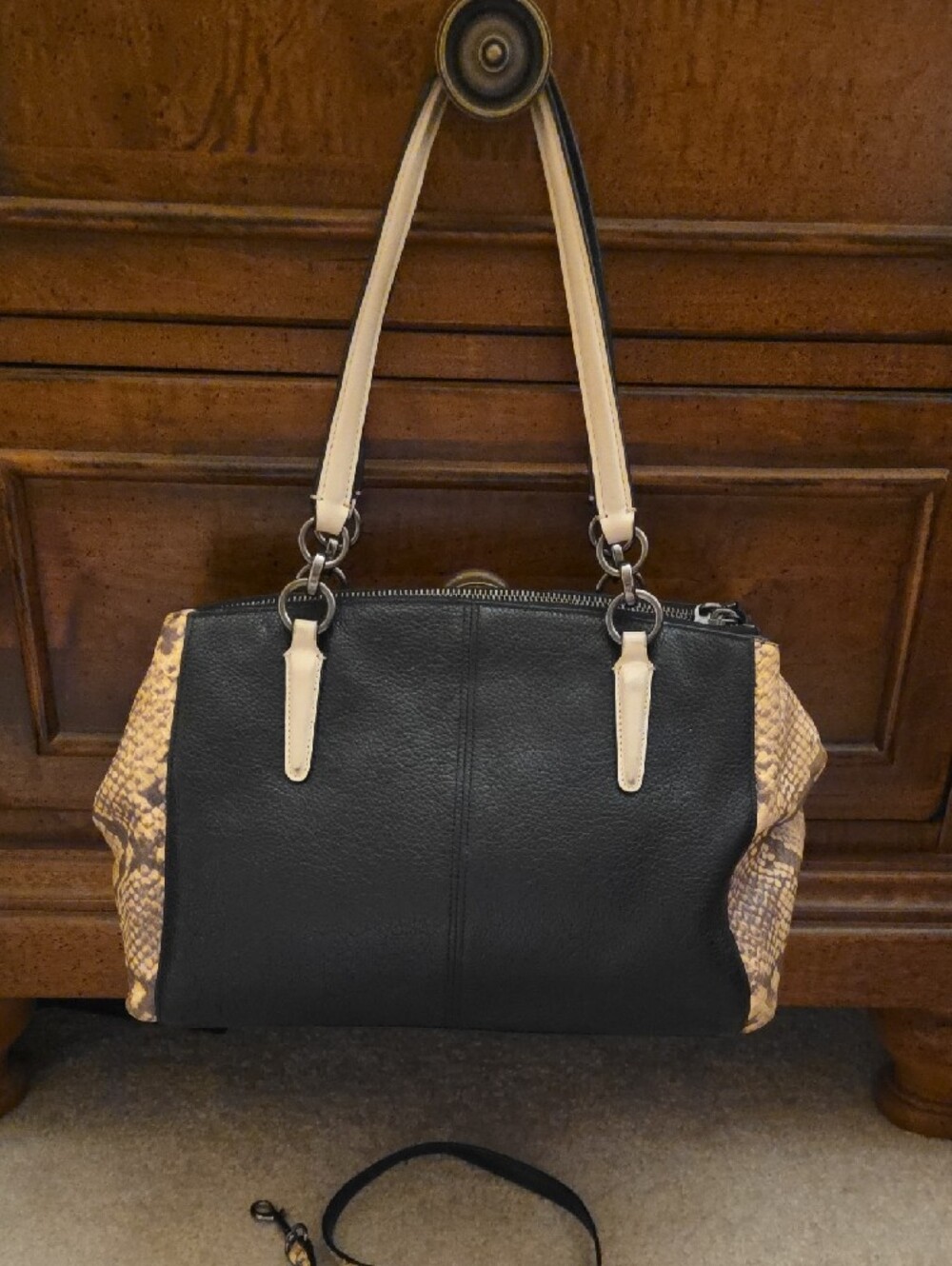 Coach Black Leather Tote with Snake-Print Panels - Picture 2 of 4